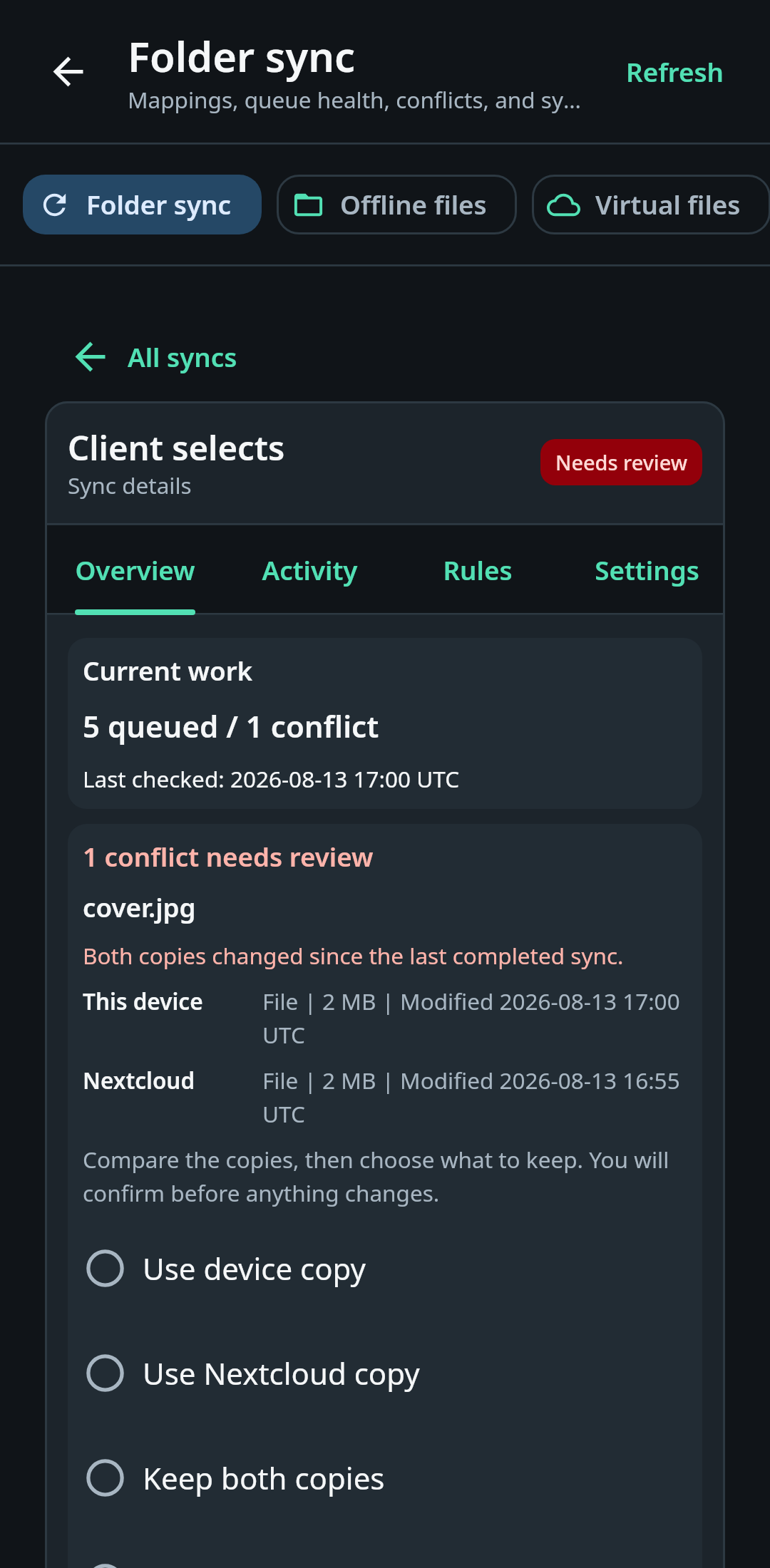 nati.ve Android folder-sync center showing pair direction, queued work, last check, background schedule, conflicts, failures, and recovery actions