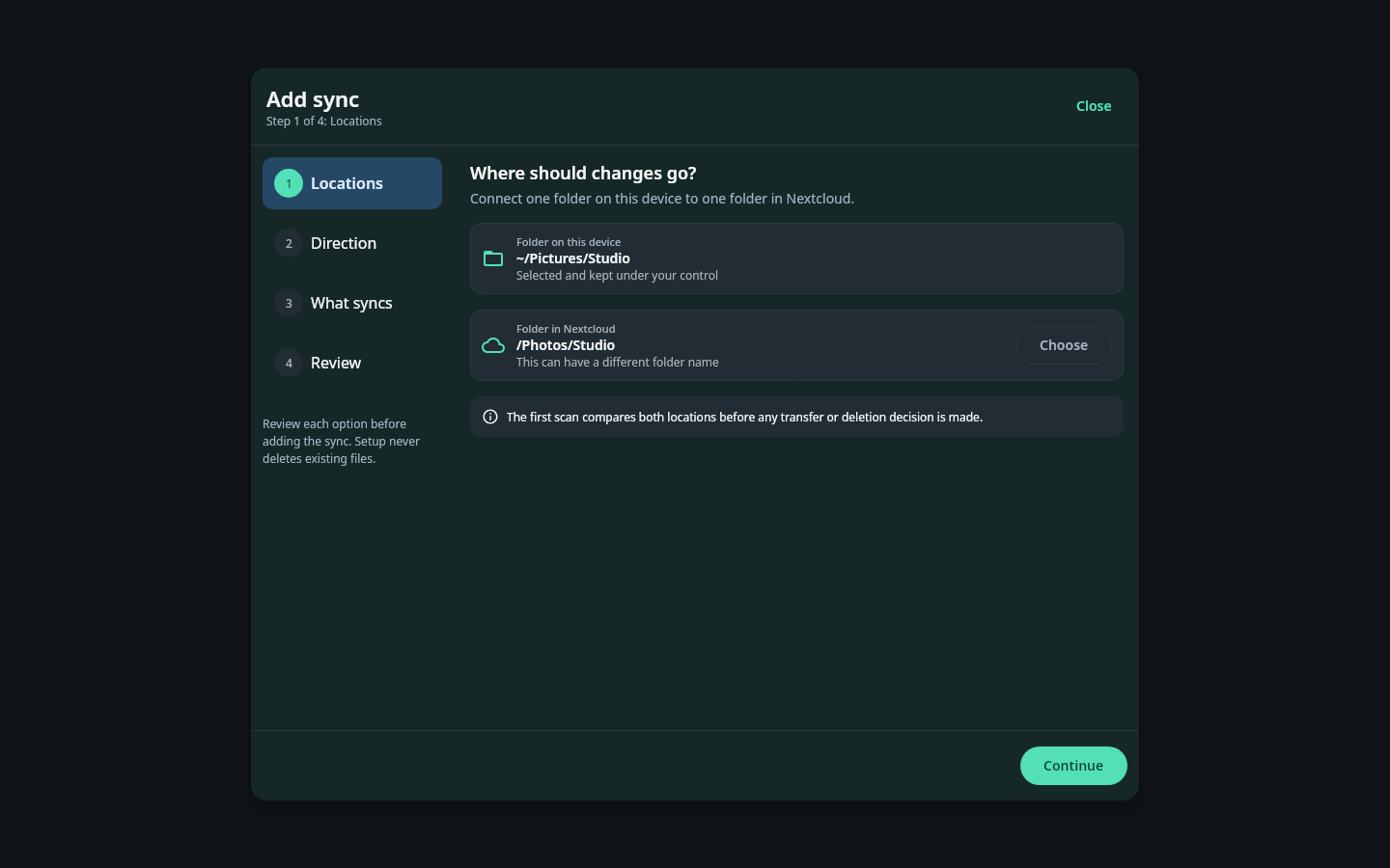 nati.ve Linux Add sync dialog showing the local directory, remote Nextcloud directory, direction options, and mapping review